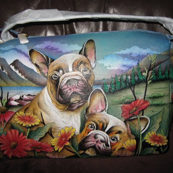 NWT Anuschka French Bulldog Painted Leather Organizer Crossbody - Picture 1 of 15